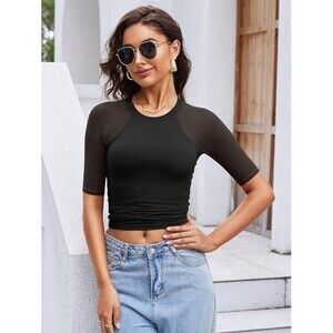 Womens Mesh Short Sleeve Tops Double Lined Crew Neck T Shirts Fitted Basic LARGE